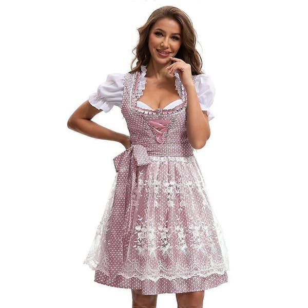 Oktoberfestdräkter Kvinnor Dirndl Klänningar 4 Delar Tysk Oktoberfest Klänning Bayersk Klänning Rosa