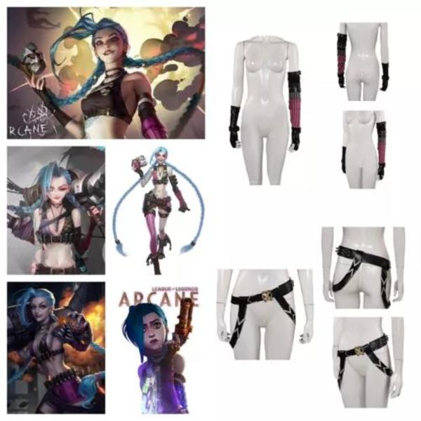 Jinx Arcane: League of Legends Jinx Cosplay Handsker + Bælte Taljebånd Deluxe rekvisitter Gloves+Belt-XF10- Gloves+Belt Women M