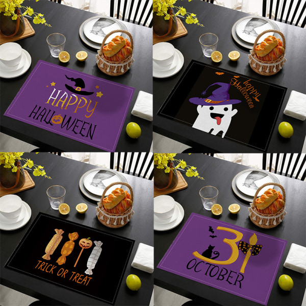 Halloween bordstabletter 4 delar, bomullslinne bordstabletter 30mx45c, tvättbara köksunderlägg