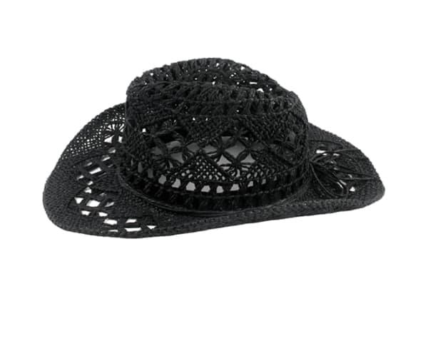 Cowboyhat i halm, hul solhat med bred skygge, sort Black