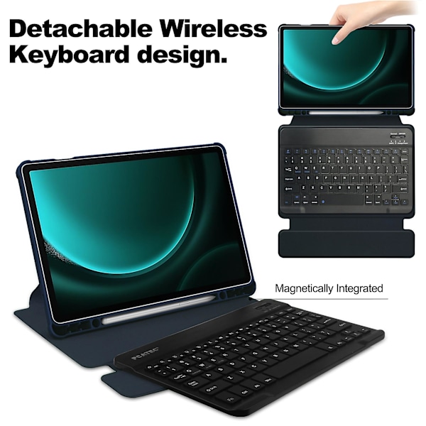 Kotelo Samsung Galaxy Tab S9 FE Plus -laitteelle, jossa Bluetooth-näppäimistö ja pyörivä jalusta-X45- Dark Blue