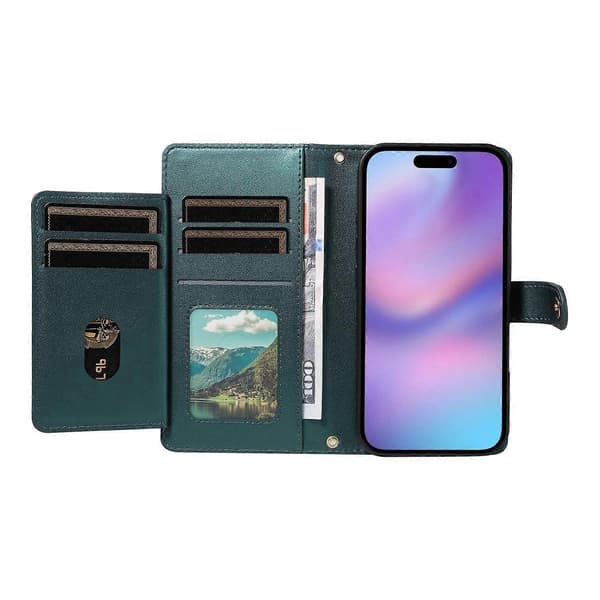 Compatible with iPhone 17 Wallet Case with Straps, Rhombus Leather Stand Phone Case - Light Green-lingling} Multicolo Multicolor Blackish Green