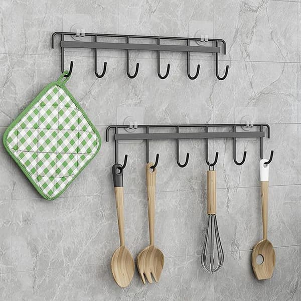 Pieces Kitchen Utensil Holder, Kitchen with 6 Hooks, Storage Rack for Kitchen/Bathroom without Drilling (Black)-FS-