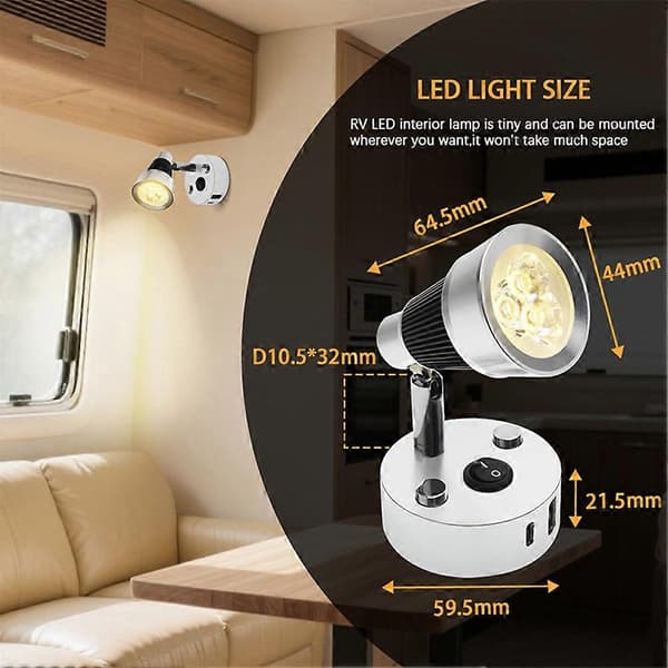 12V LED Wall Lamp for Versatile Indoor Lighting in Black and Silver with USB-A and USB-C Switch 3000-3500K