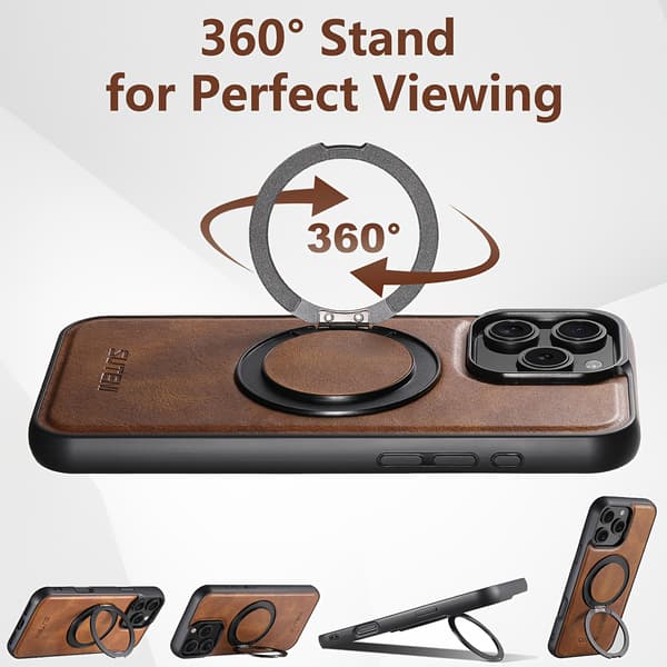 SUTENI Magnetisk Trådløs Ladeetui med 360° Roterende Ringstativ, Kunstskinn iPhone 14 Plus Blue