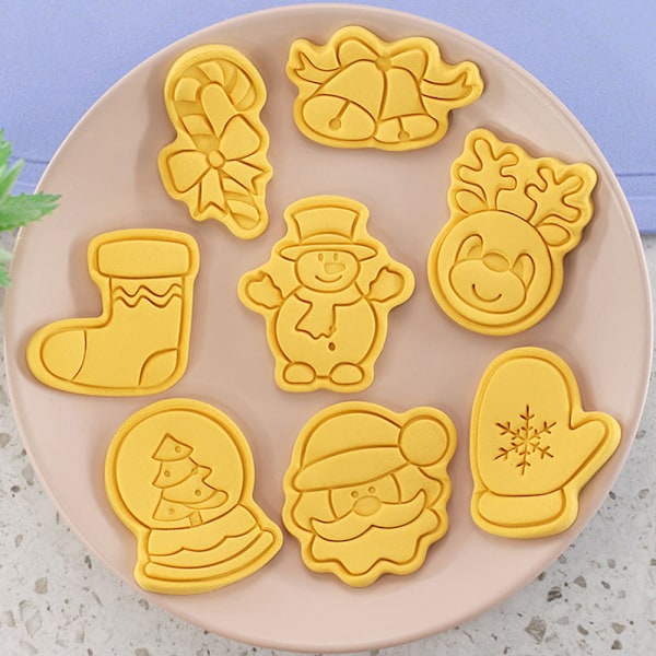 Julklappstema tredimensionell fondant kex DIY bakverktyg med stämpelset, pepparkaksgubbe/flicka, snögubbe, jultomte, jul