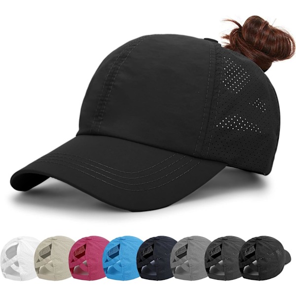Naisten baseball-lippis - Poninhäntä aurinkohattu Nopeasti kuivuva juoksulippis Naisten golfliput Ristiin Rastiin Säädettävät rekkalippikset naisille Tytöt Black-FS2- Black One Size