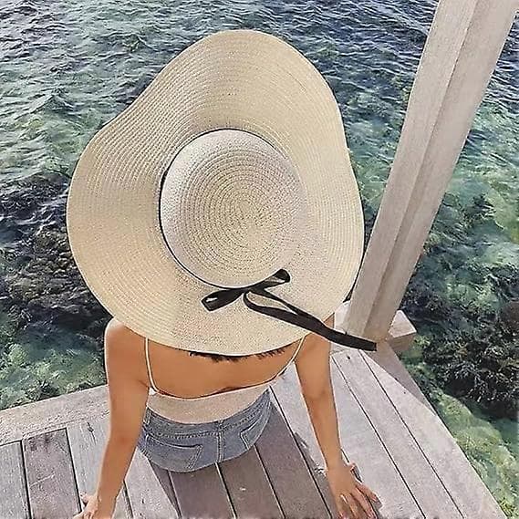 Stråhat til kvinder sommer strand solhat diskette & foldbar med stor bred skygge & sløjfe UPF50