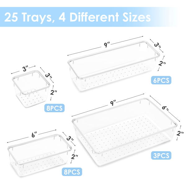 Set med 25 plastbehållare, universell badrumsorganisatör i 4 storlekar.