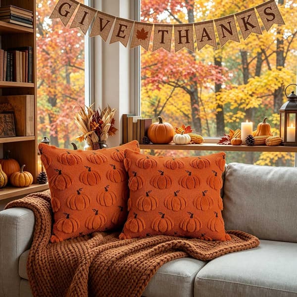 Pudebetræk sæt 2 stk. 45x45cm efterår, græskar pyntepude til Halloween Thanksgiving, indendørs udendørs have sofa stue efterårsindretning