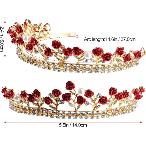 Bröllopskrona Röd Ros Tiara Retro Barock Pärla Strass