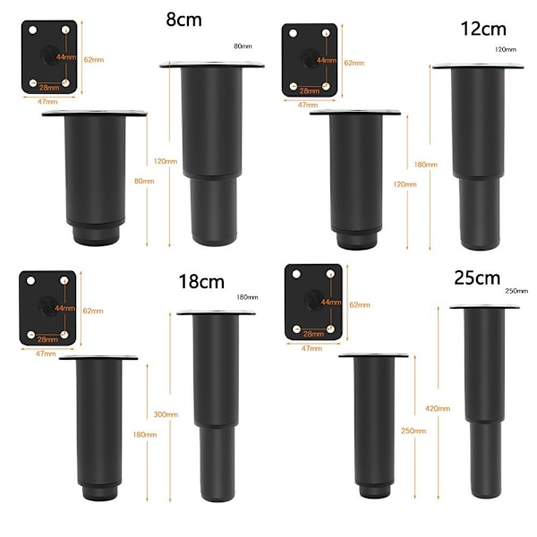 Bed Slat Support Furniture Legs BLACK 18CM Black Black 18cm