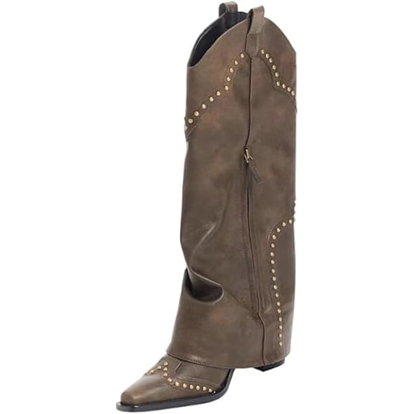 【Tricor butik】 Kvinders brune spidstånede kilehælsvestlige cowboystøvler bronze bronze 37