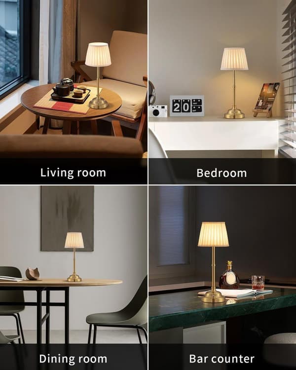 Wireless Lamp with Fabric Table Shade - Rechargeable 2000 mAh, Dimmable with 3 Light Modes, for Dining Room, Bedside Table, Bar, Night Light, Camping Guld