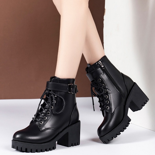 Damskor Högklackat Vinter Ljusbrun Chunky Platform Sock Boots Skor Kvinnor Mellanhöga Tjock Klack Stövletter Storlek-FS1- 35