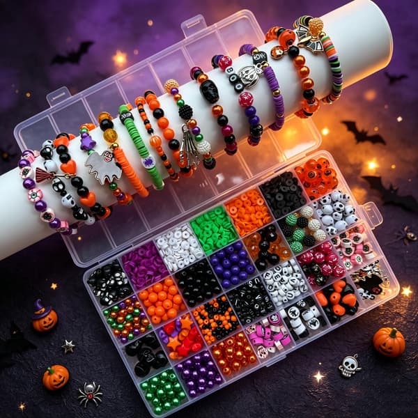 Halloween Bead Bracelet Kit, Pumpkin and Skull Beads for Jewelry Making