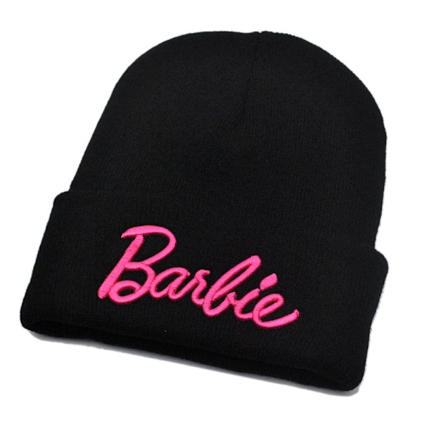 Barbie strikket hue - Sort, pink Barbie hue, tredimensionel broderet uldhue, dame skihue, varm til efterår og vinter-FS1-