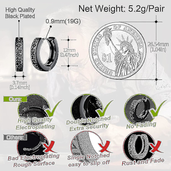 Nordiska Vikingar Runor Örhängen för Män Kvinnor 12mm Huggie Creoler Aaa G-FS1-