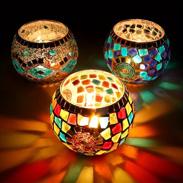 Sett med 3 lysestaker i glassmosaikk, lakkert borddekor til jul 3pcs