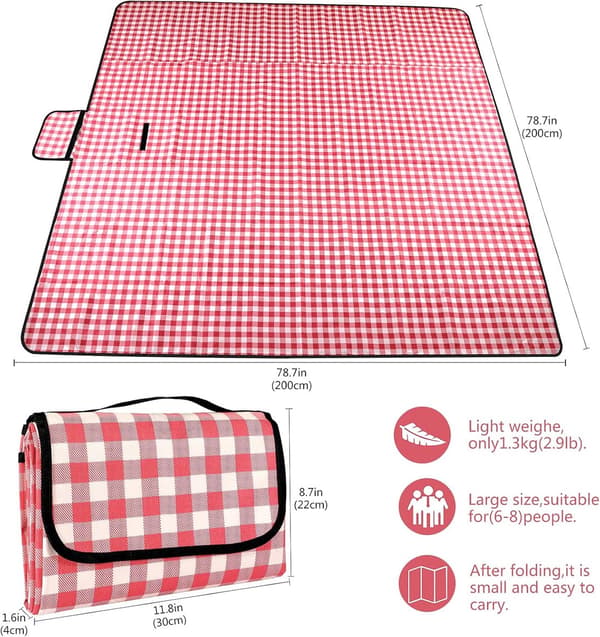 Waterproof Picnic Blanket with Oxford Fabric and PVC Backing, Foldable Lightweight with Handle for Beach Camping Trips, Red Plaid 200x200cm