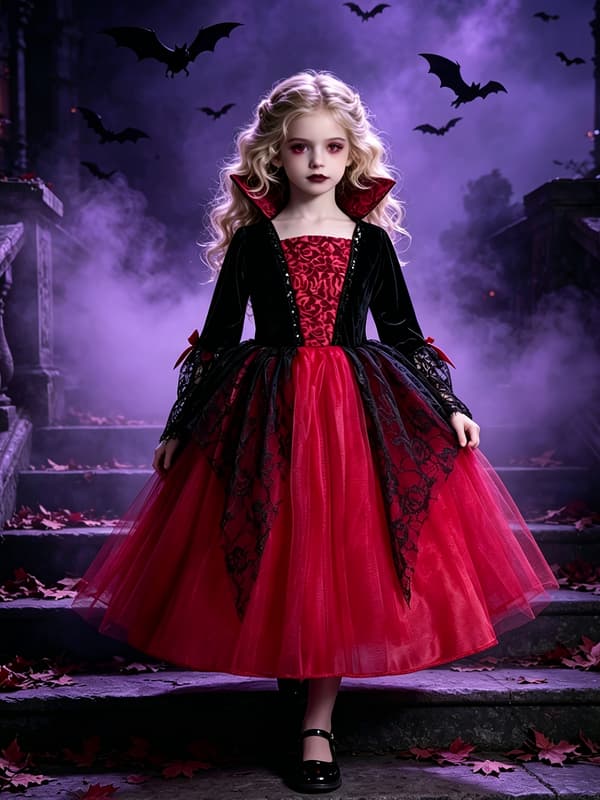Flickors vampyrprinsessklänning gotisk spets-tutu Halloween rollspelsfestdräkt 7-8Y Burgundy