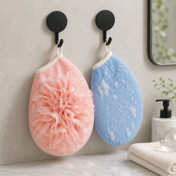 2-pack badluffahandskar med krokar – blå för män, rosa för kvinnor, exfolierande duschset