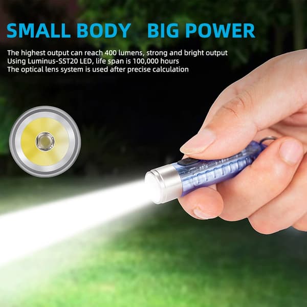Mini LED Flashlight 400 Lumen Keychain Flashlight USB Rechargeable Mini Lamp with Side Light UV/White/Red/Blue-Red, EDC Magnetic IP65-FS- Transparent White