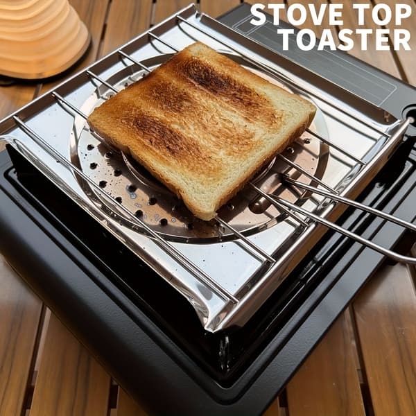 Rustfritt stål komfyrtoppbrødrister med sammenleggbart håndtak for camping og kjøkken 21.49x19.99cm Silver