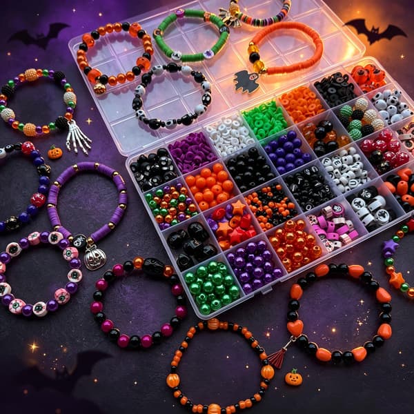 Halloween perlearmbåndssæt, græskar- og kranieperler til smykkefremstilling