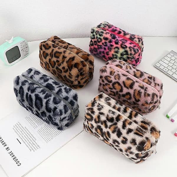 【BQ】Multifunctional Pencil Case with Neon Leopard Pattern - Rainbow Organizer for School, Travel, Cosmetics, and Keys