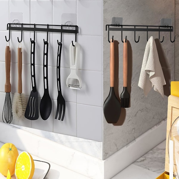 Pieces Kitchen Utensil Holder, Kitchen with 6 Hooks, Storage Rack for Kitchen/Bathroom without Drilling (Black)-FS-