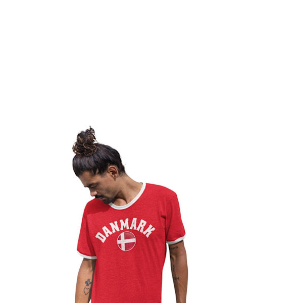 Rød tipped T-skjorte med Danmark supportertrykk ringer-trøye XL xl