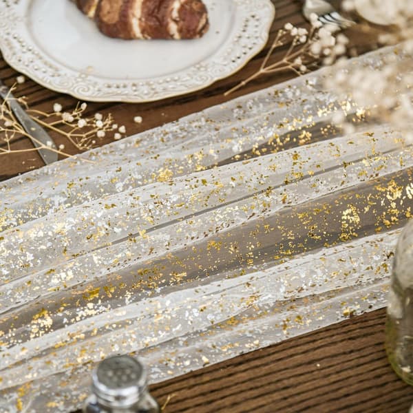 Tyllnett bordløper glitter gullfolie 70x300cm, festlig lyseblå gull dekorasjon