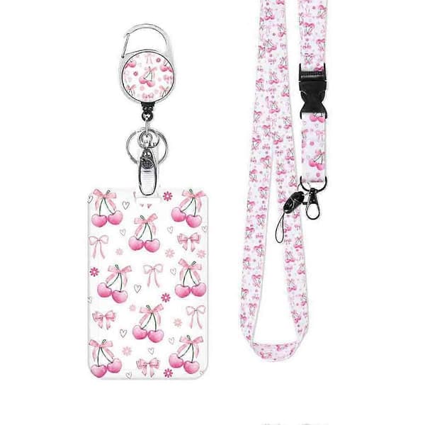 2-pack Badge Holder with Retractable Clip and Lanyard, Pink Bow Cherry Print Lanyard with ID Holder for ID As Shown