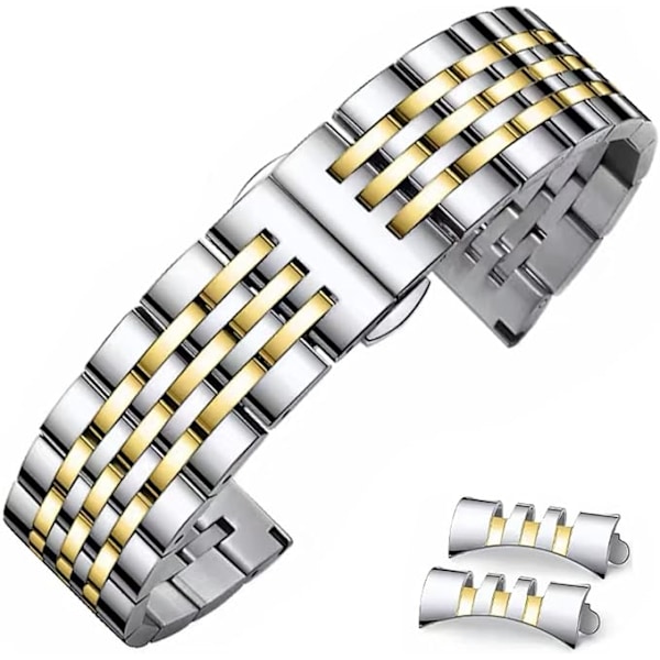 Silver and gold stainless steel watch band Metal band, straight and curved ends High quality solid metal band, 18 mm