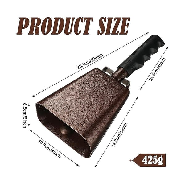 10 inch Steel Cowbell/Noise Maker with Handle, Cheering Bell for Sports. Solid School Handbell