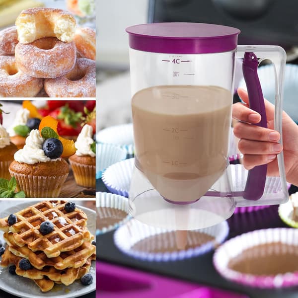 Pancake Batter Dispenser, an Essential Kitchen Tool for Perfect Pancakes, Cupcakes, Waffles, Cakes, and Crepes, with a Measuring Scale.