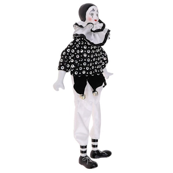 15-tums porslinsclown docka klädd i vit och svart outfit, rolig harlekin docka, cirkus pro