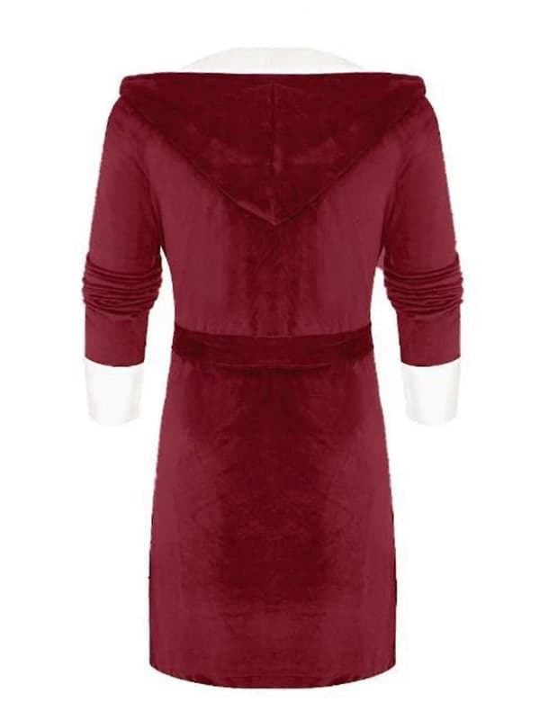 Women's Sherpa Fleece Bathrobe Soft Hooded Robe Fluffy Terry Bathrobe Red Red L