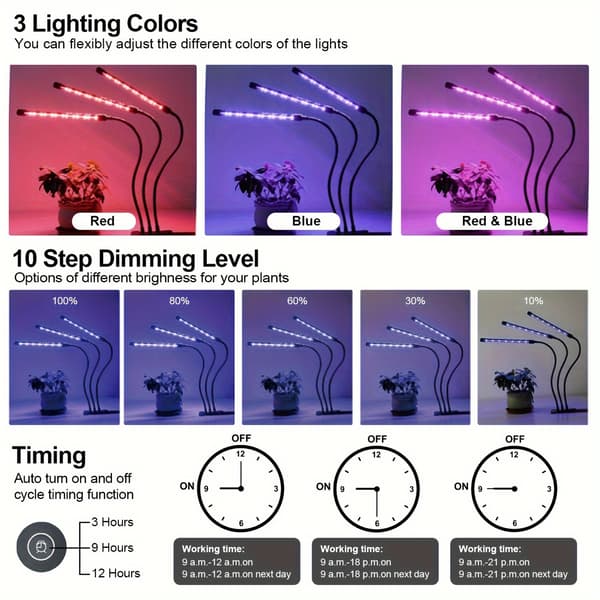 Full Spectrum LED Växtlampa för Inomhusbruk med Timer Dimbar Clip-4 Tubes Purple