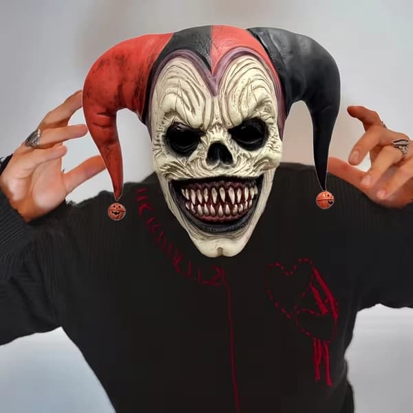 Halloween-klovnin lateksinaamio sarvilla – Pelottava asujuhlapropi aikuisille