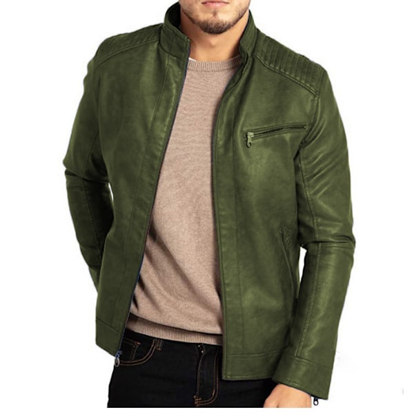 Miesten nahkatakki pystykauluksella, moottoripyörätakki, vihreä-FS1- green XL