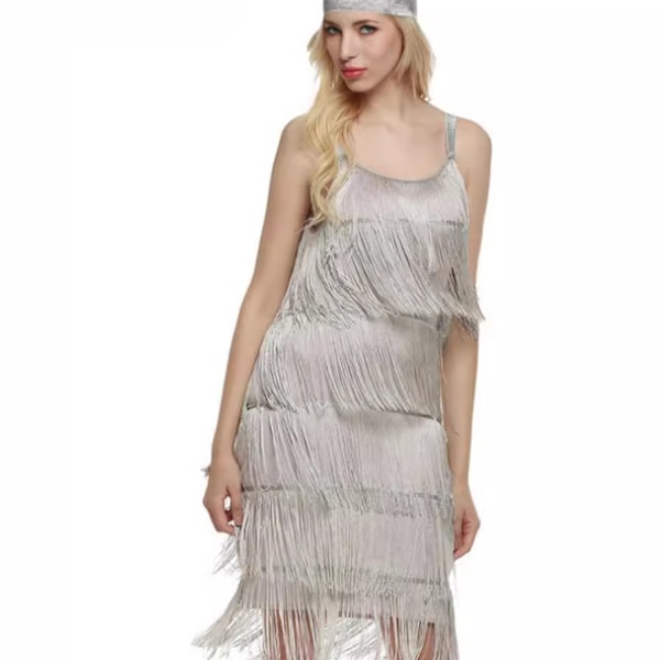 Great Gatsby Flapper Kjole 1920'er Party Vintage Kvast Dame Fringed Kjoler Grå-FS1- Grey S