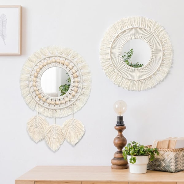 2 stk. Makrame Vegghengende Dekorativt Speil med Vevde Blader Boho Frynser Rundt Speil for Soverom Stue Barnerom Hjemmeinnredning (Style-08)