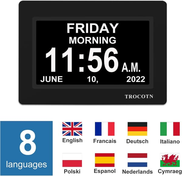 Digital klokke med dato og uke, kalender med ukedagsvisning (7 tommer) Black