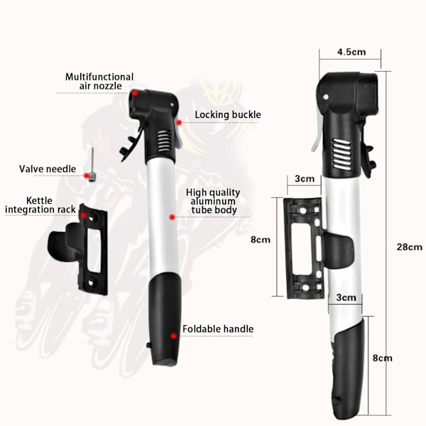 Minisykkelpumpe i aluminiumslegering, kompatibel med Presta og Schrader, sykkelpumpe for ball, svømmeringer