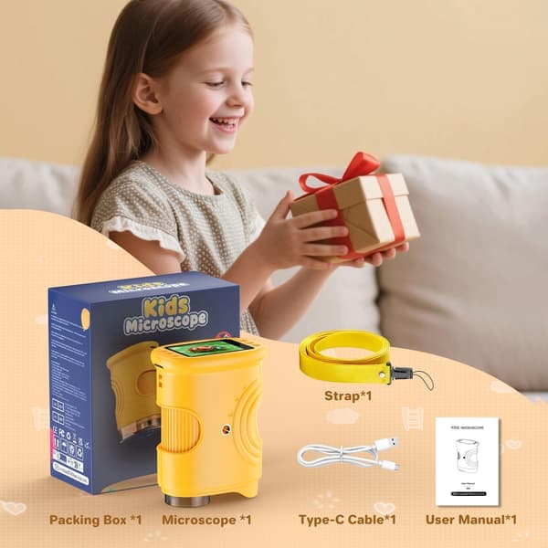 Handheld Digital Microscope for Kids, 1000X Magnification with 2-inch IPS Screen, Portable STEM Science Toy for Curious Children, Educational Yellow Yellow