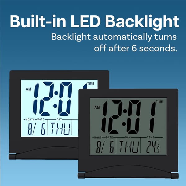 Digital Clock LCD Travel Alarm Clock Foldable - Digital Alarm Clock for Table - Battery Operated Desk Clock - Black-FS- Black