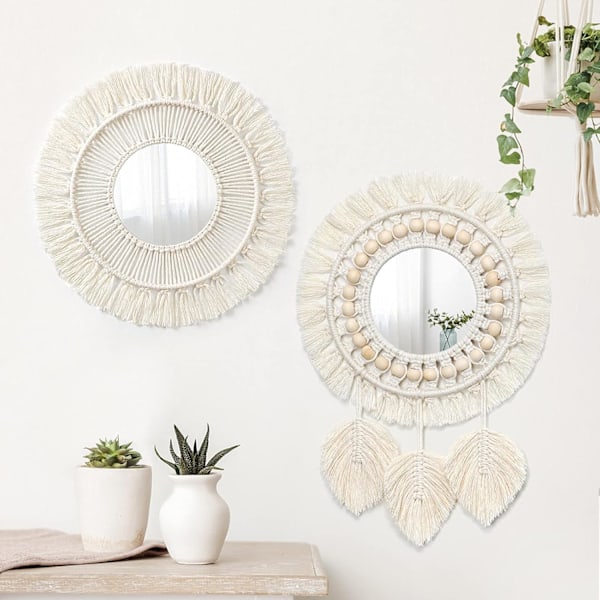 2 stk. Makrame Vegghengende Dekorativt Speil med Vevde Blader Boho Frynser Rundt Speil for Soverom Stue Barnerom Hjemmeinnredning (Style-08)