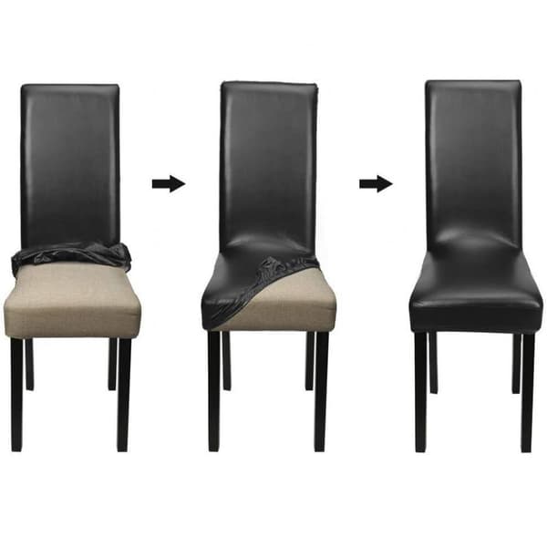 Dining Chair Covers, Solid Color PU Leather, Waterproof and Oil-proof Stretch Dining Chair Slipcovers (Black, 4-Pack)-FS-